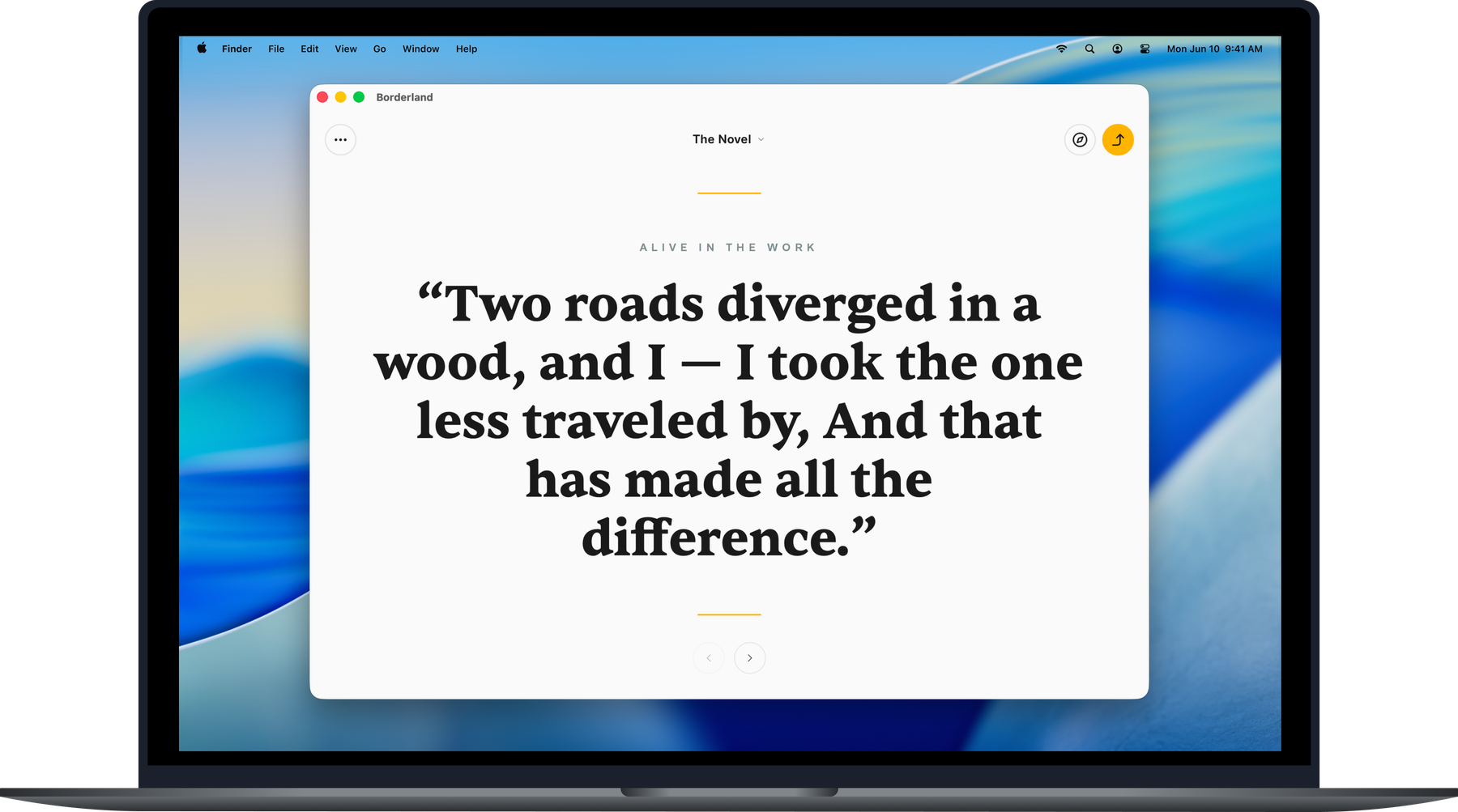 Borderland desktop app showing a captured alive line from a writing session, styled inside a laptop mockup